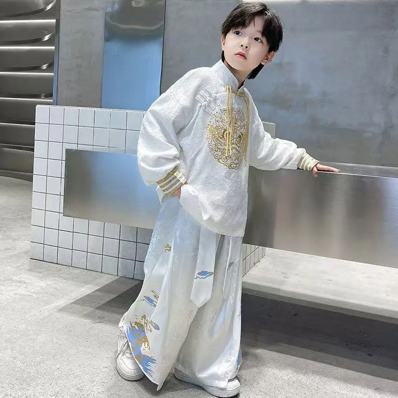 جديد النمط الصيني التنين التطريز قميص علوي فستان أطفال مع سروال داخلي الأولاد ملابس تقليدية كول الشارع موضة ملابس الاطفال تانغ البدلة