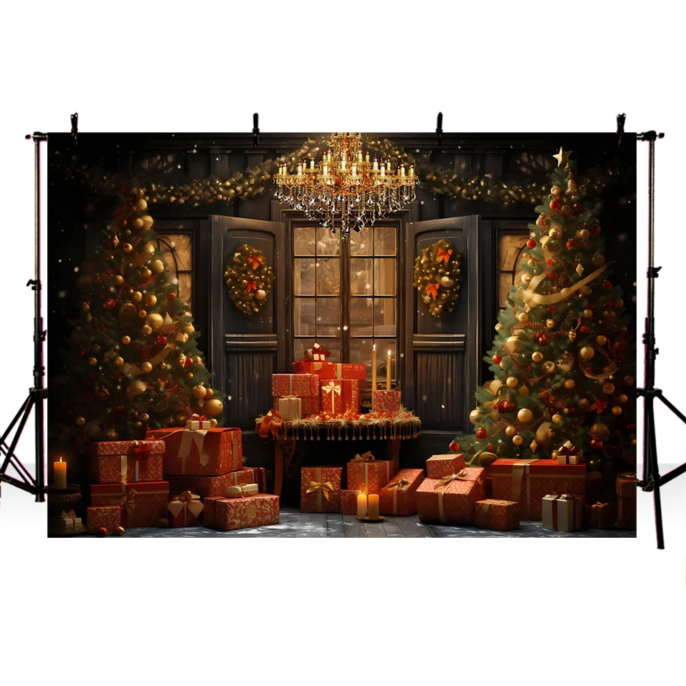 Mocsicka-Fond de photographie de Noël d'hiver, cadeaux de fenêtre, arbre de Noël scintillant, décor de portrait de famille pour enfants, toile de fond de studio photo