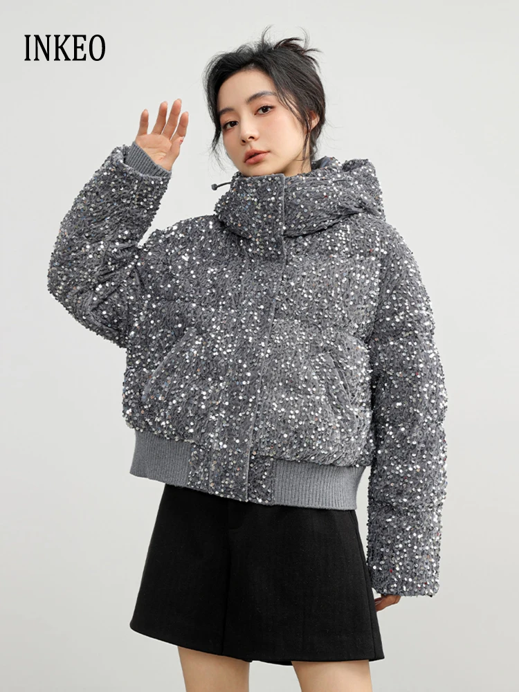 High street Women sequined down jacket 2024 winter Fashion Hooded short puffer coat Oversize Pink Grey Black White INKEO DJ078