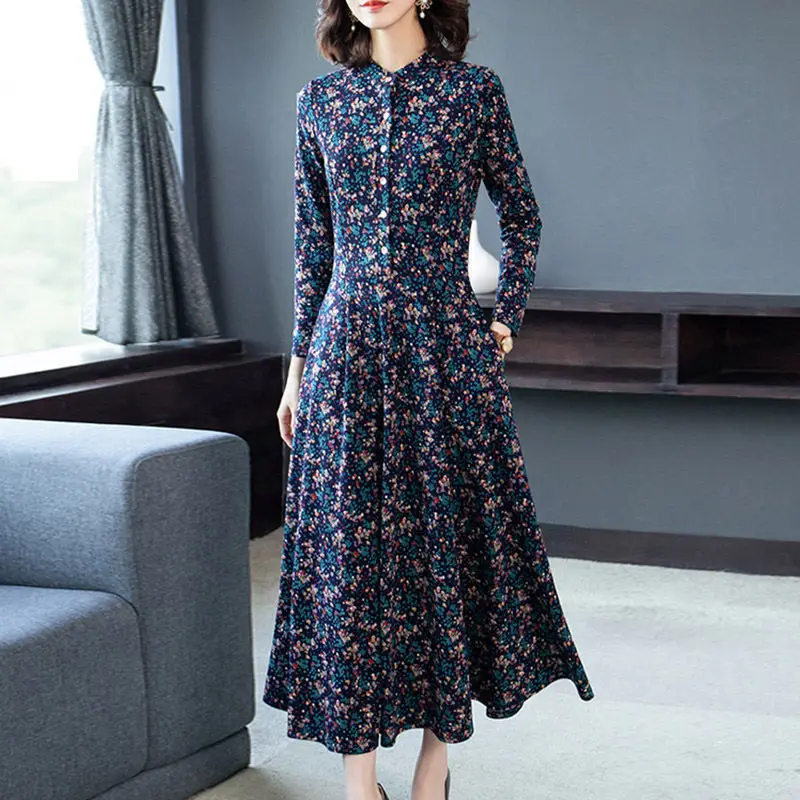 Spring and Autumn New Long Sleeved Floral Dress Middle-aged and Elderly Mothers Stylish and Age Reducing Elastic Knee Dresses