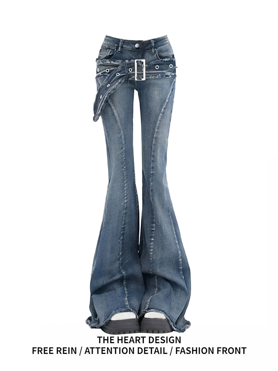 

American Retro Design Low Waist Bell Bottom Denim Jeans Frayed Hem Belt Ladies Summer New Style Casual Soft Wear Resistant