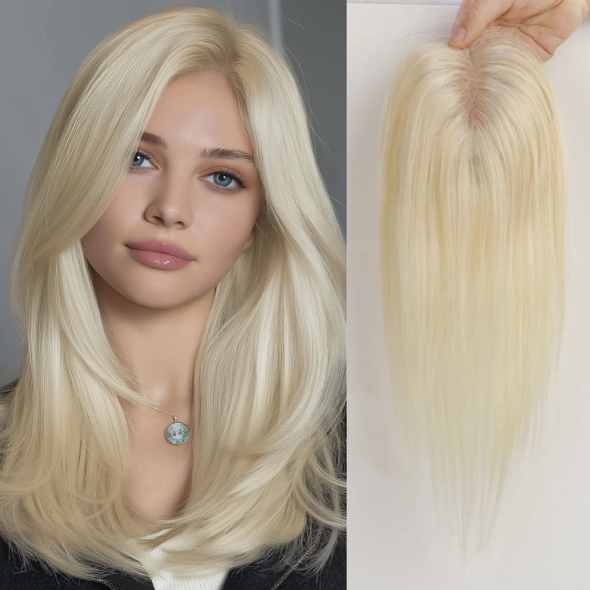 

Светло-русые волосы Remy, прямые топперы из натуральных волос, кружевные базовые заколки, средняя часть, топперы для волос для белых женщин с истонченными волосами