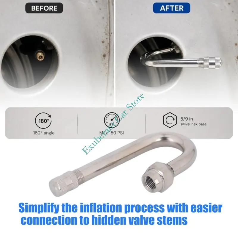 Motorcycle Tire Stem Extensions 2Pcs 180-Degree U-Shaped Extensions with Rotating Fasteners for Recessed Stem Inflation Access