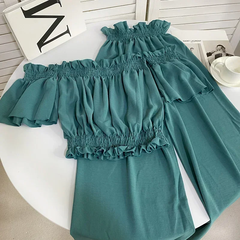 2024 New Summer Fashion Casual Solid slash neck ruched slim short Top + High waist wide leg Pants two piece set