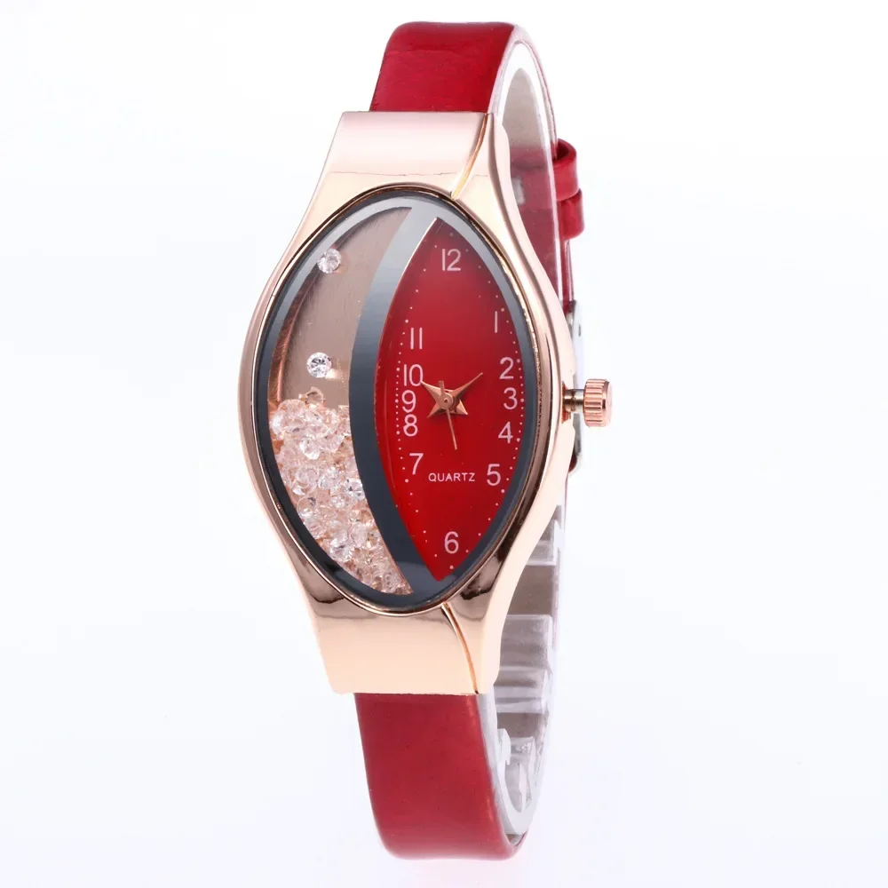 Unique Ladies Quartz Movement Watch Oval Half Moon Dial Half-side Rhinestone Ball Quicksand Design Gift for Woman Leather Strap