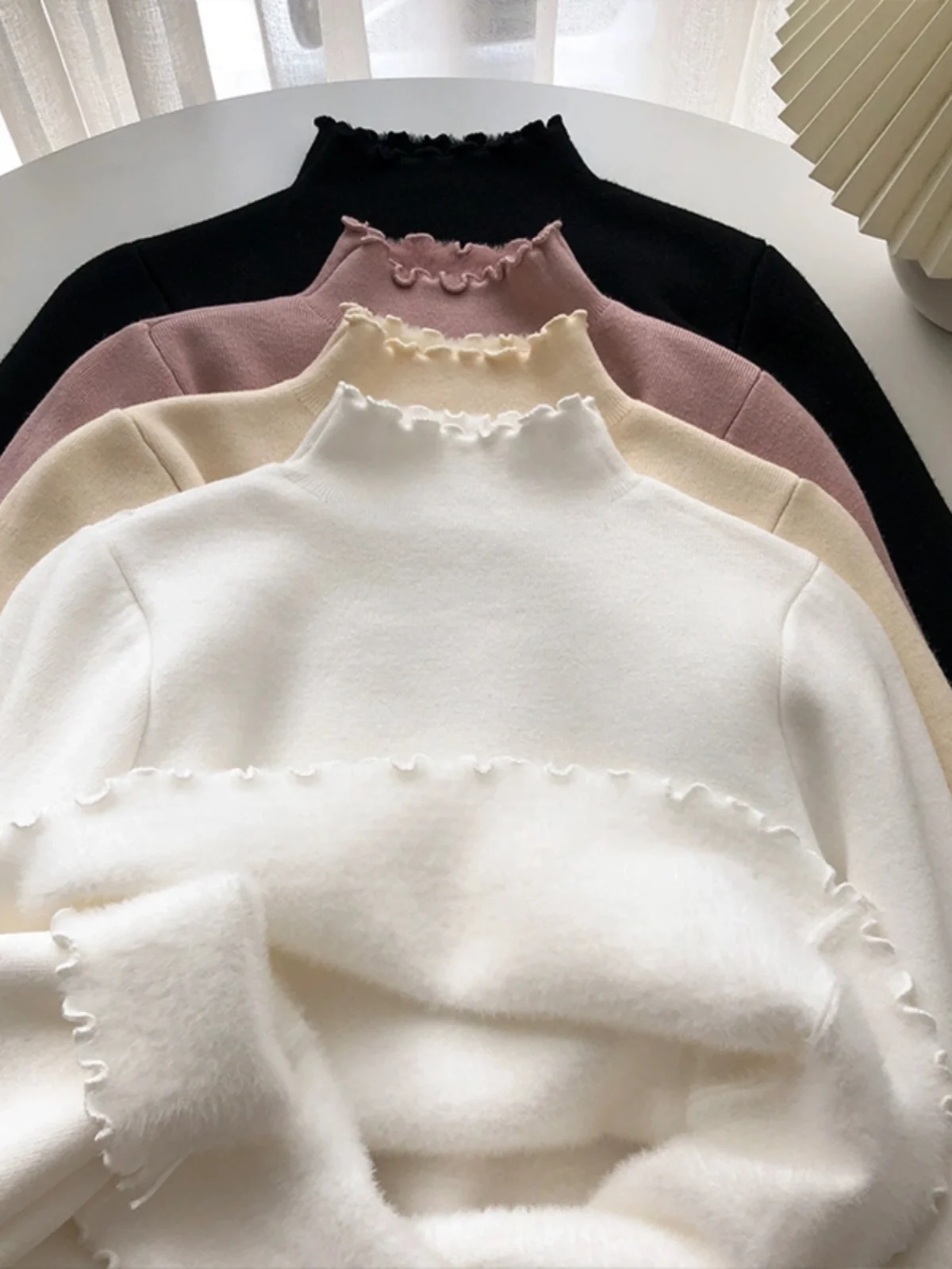 티엔드 플러피 니트 스웨터 여성용 롱 스웨터 하이 칼라 안감 겨울 따뜻한 컬러 출퇴근용