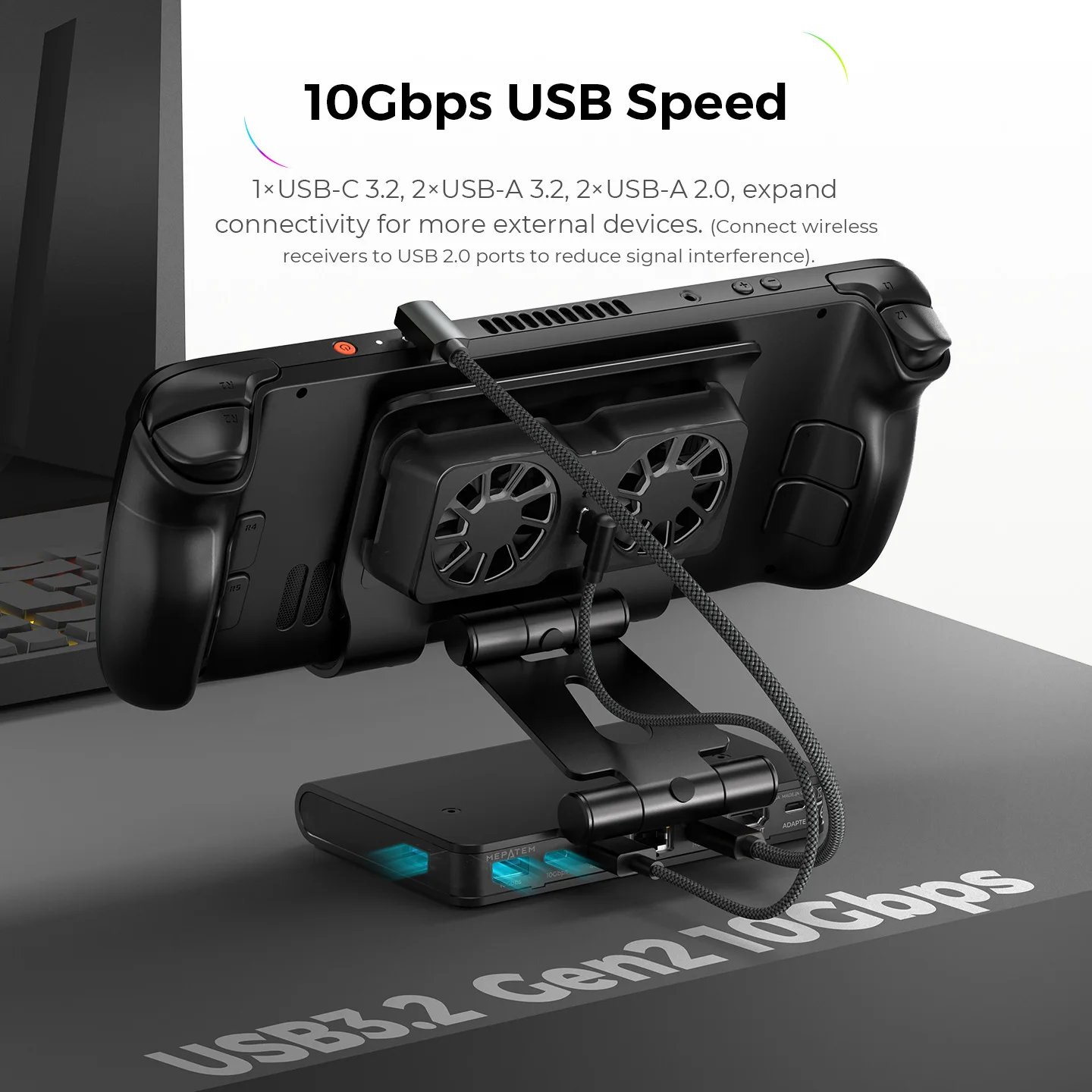 8K Docking Station for Handheld with Magnetic Dual Fans 3 Speed HDMI 2.1 48Gbps 100W PD Gigabit Ethernet Adjustable Stand