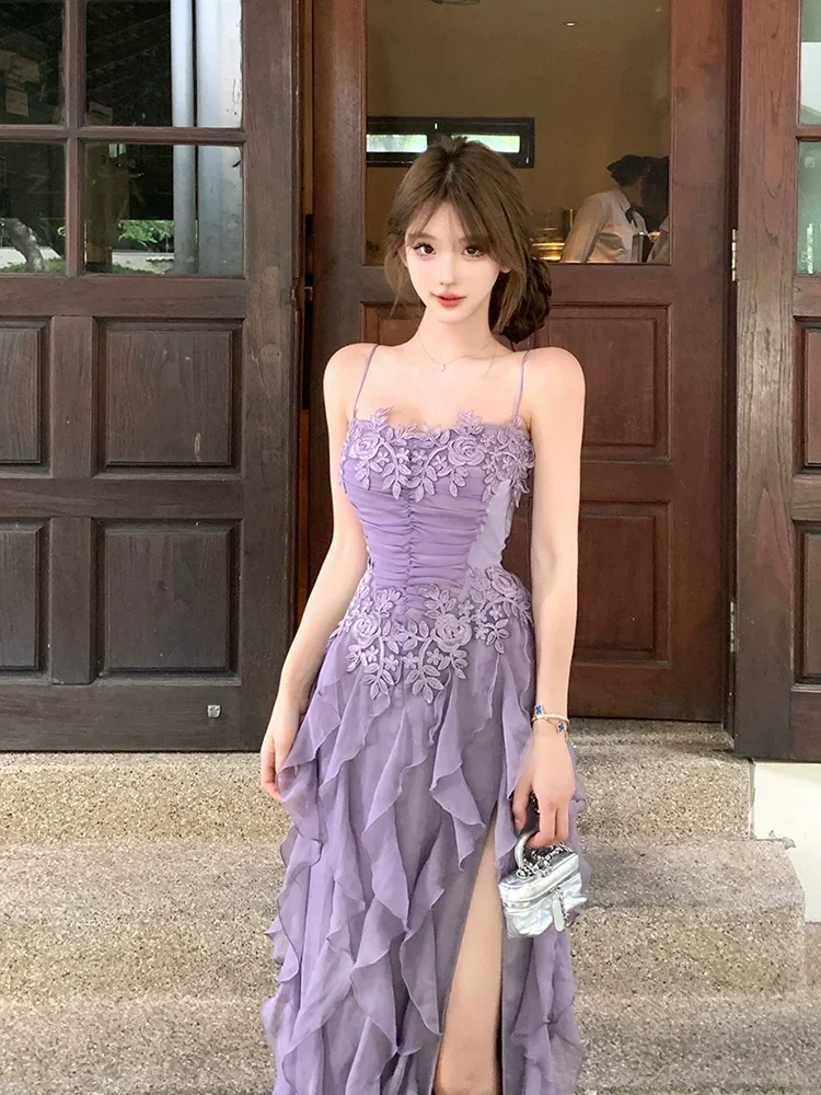 

French Temperament Flower Suspender Dress Slim Design Vacation Long Dress 2025 New Summer