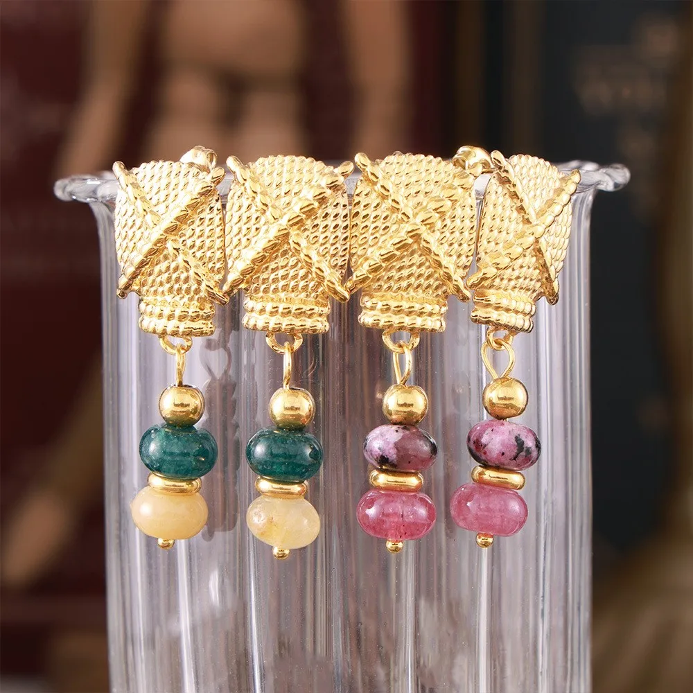 Stainless Steel Gold Plated Vintage Earrings for Women Green Pink Natural Stone Beaded Drop Earrings 2024 Trend Summer Jewelry