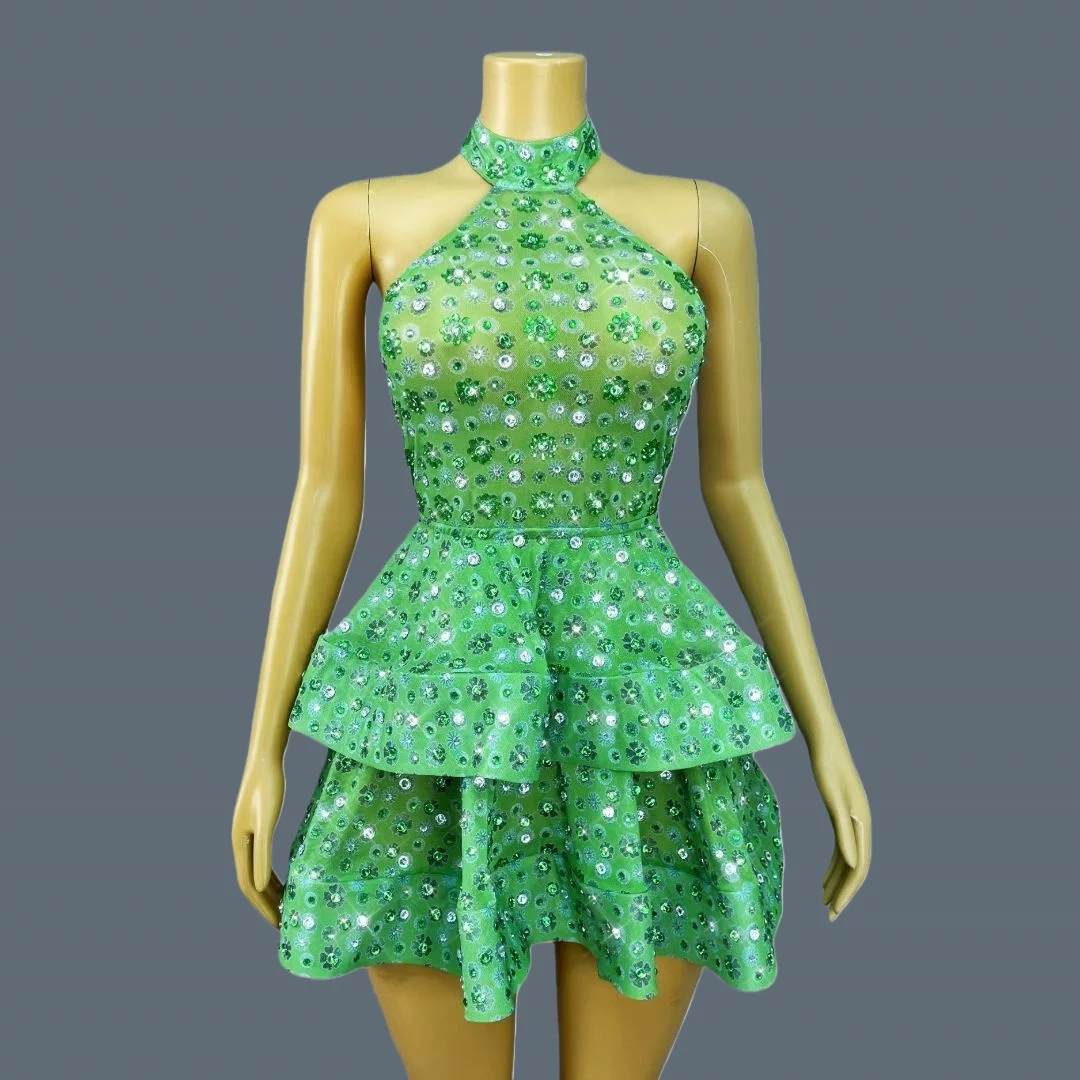 

Green Theme Party Pleated Dress Party Prom Cocktail Dress Sexy Women Backless Evening Dress Sparkly Crystals Outfit Lvxinghua