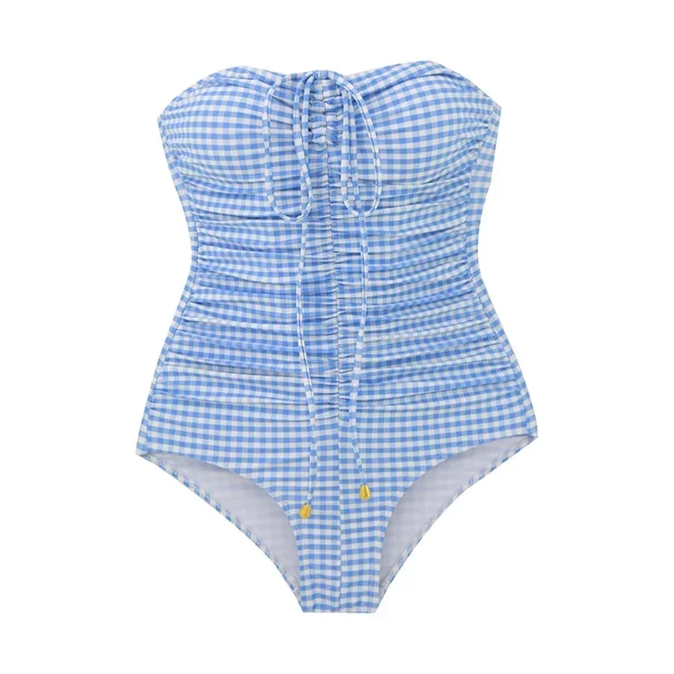 Traje de baño Bandeau Sexy de una pieza para mujer, traje de baño de estilo coreano, Monokini a cuadros rosa, espalda abierta, traje de baño Bandage con espalda descubierta y realce