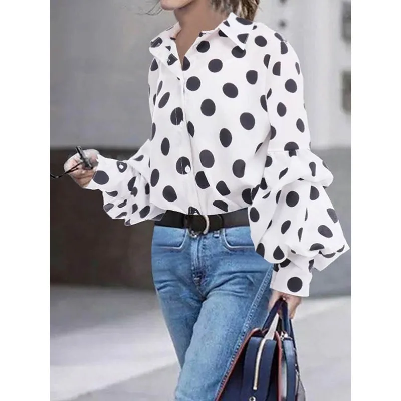 

Tinaa Polka Point Plus Size Shirts Women 2025 Autumn Puff Sleeve Single Breasted Loose Fit Folds Ladies Lapel Blouses 176935