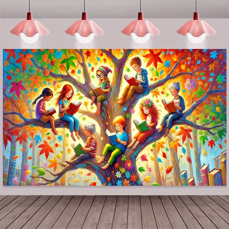 

One 2D flat autumn reading tree banner - a background cloth for children's fun reading under colorful leaves, for decoration