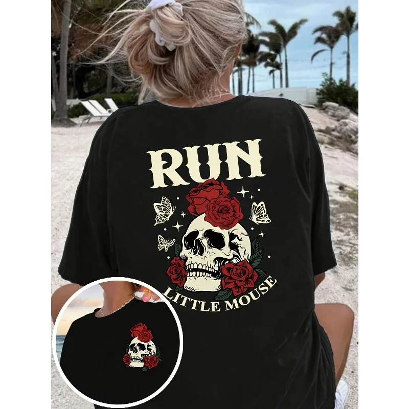

Skeleton Rose Dark Romantic Book Enthusiast Front and Rear Pattern Printed Fashion Casual Round Neck Women's Fashion T-shirt