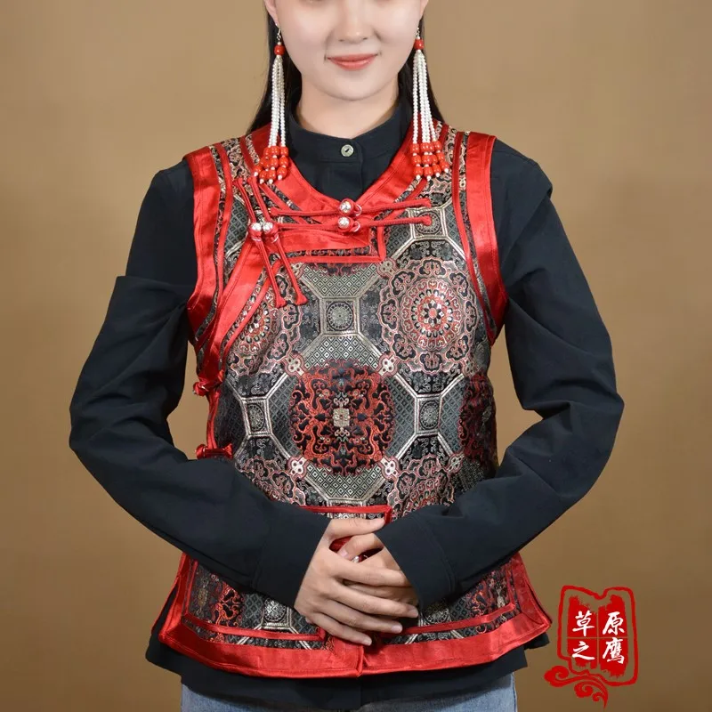 Mongolian Vest Black Red Satin Printed Stand Collar Low Neckline Waistcoat Ethnic Jacket Customizable