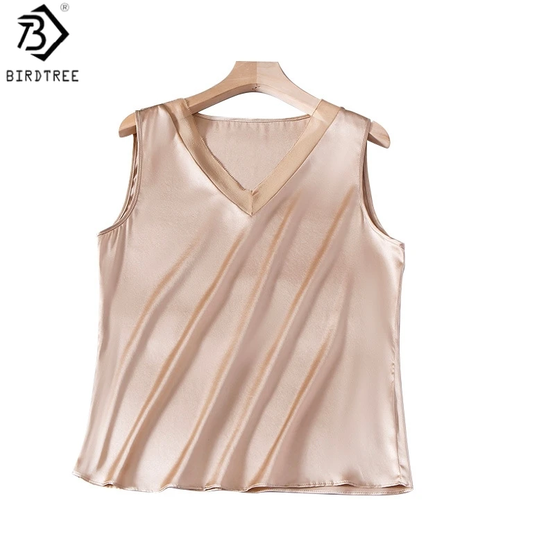 

Birdtree, 93% Real Silk 7% Spandex Tank Top, Women's Satin Solid Mesh Tops, Sleeveless V-neck Vest, 2026 Spring New T61912JF