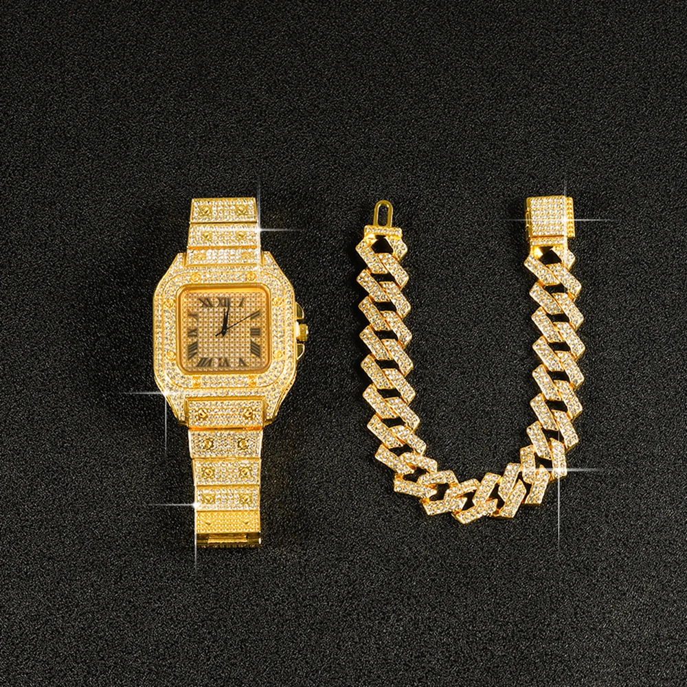 Iced Out Bracelet+Watch Set High Quaility Miami Cuban Chain Exquisite Jewelry Hip Pop Street Style For Men Women Daily Wear