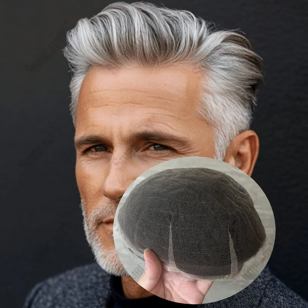 

1b80# Grey Black Blonde Natural Hairline Men's Swiss Lace Wig Real Human Hair Toupee Hairpiece for Men Hair Replacement System