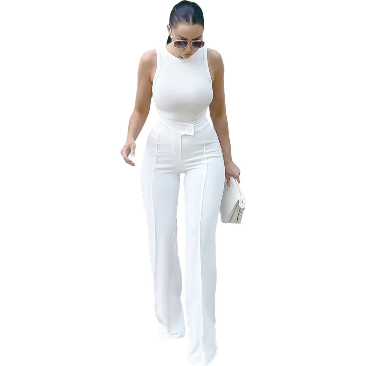 White Pants Women 2024 Fashion Elegant High Waist Wide Leg Pants Office Lady Casual Loose Straight Trousers White Pantalones