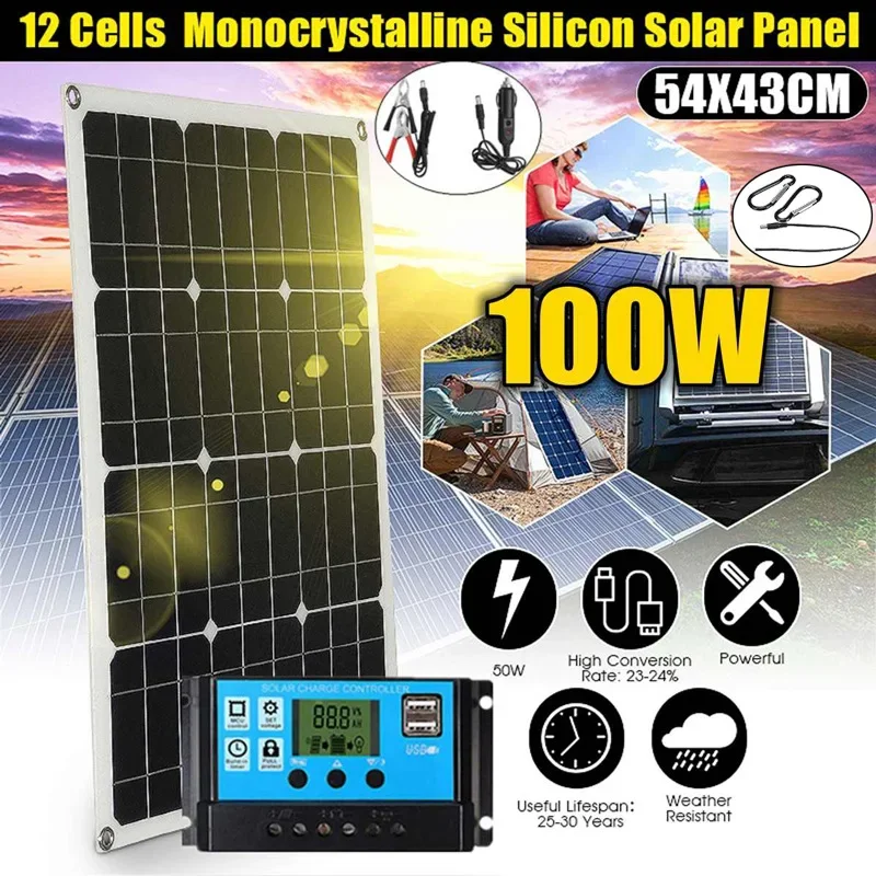 100W 18V Solar Panel &12V/24V Controller Waterproof USB Port Solar Charge 5V Battery Charger for Phone Power Bank Outdoor Use