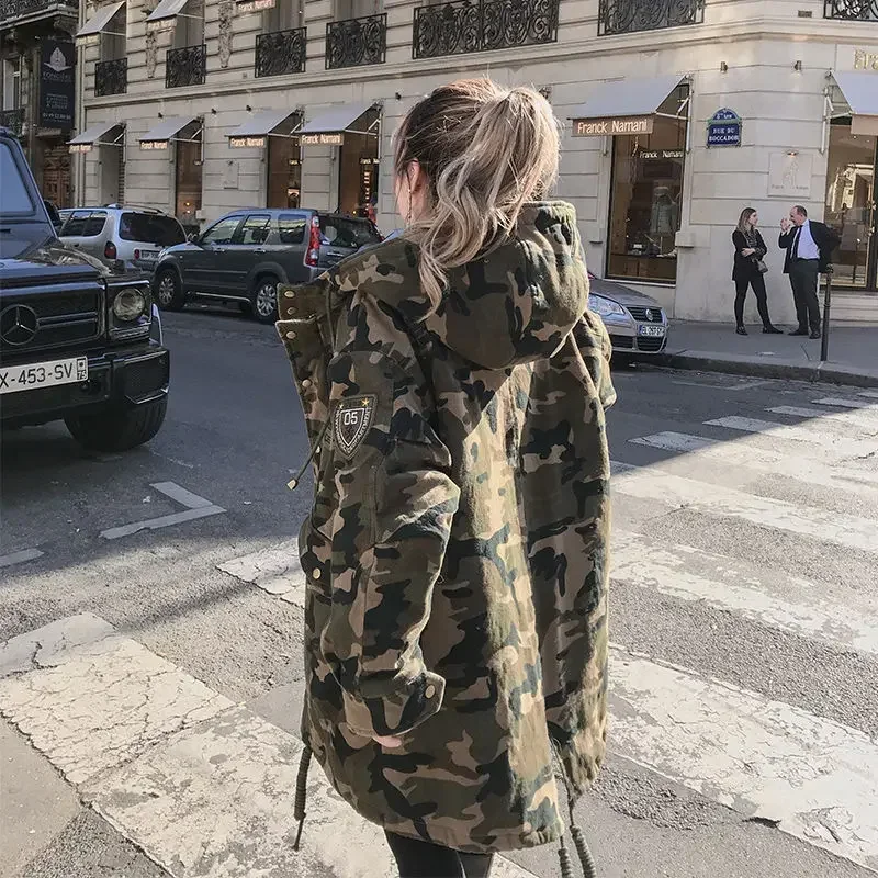 Camouflage Cotton Hooded Jacket for Women Loose Padded Coats Medium Length Cargo Tooling Parkas College Y2K Military Outwear