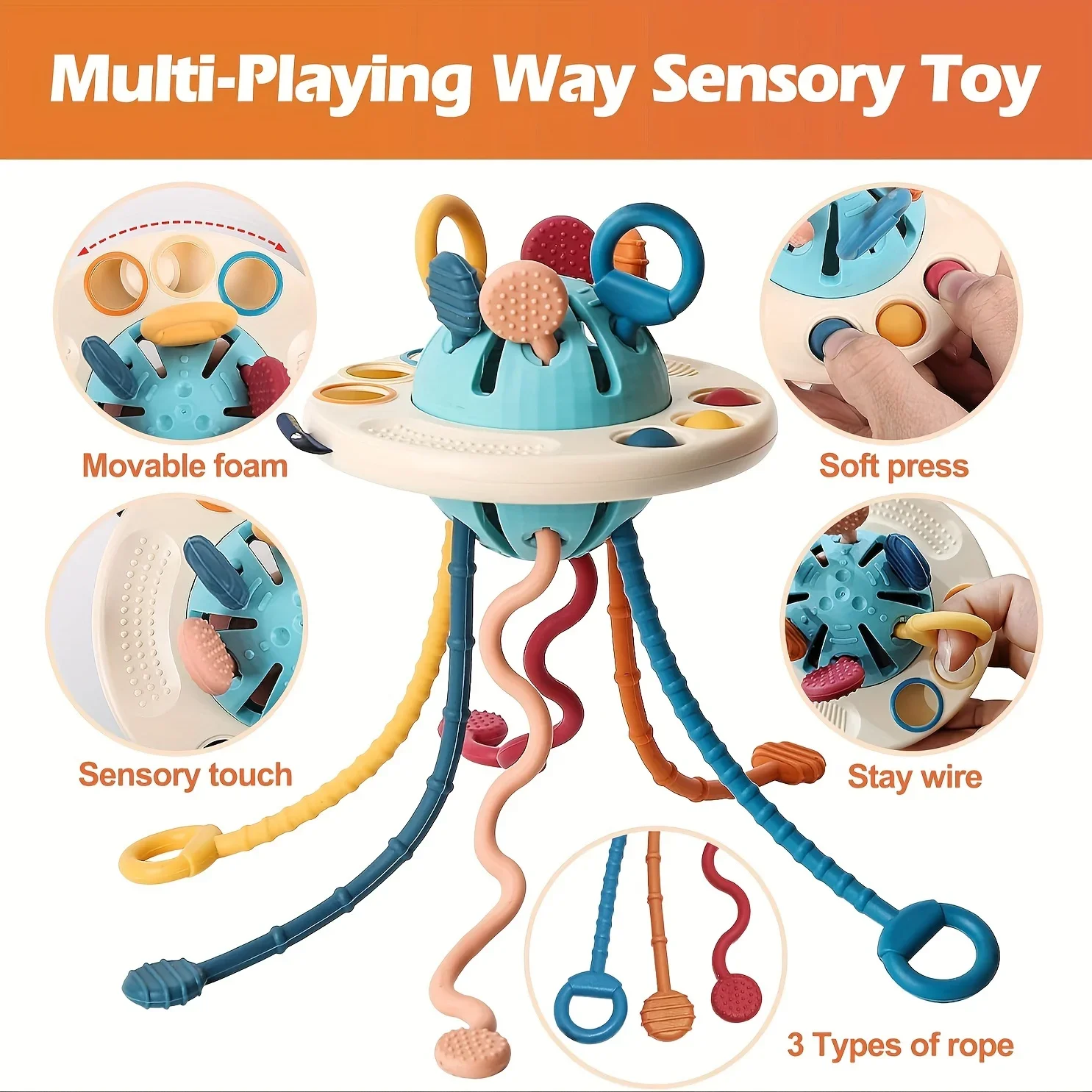 Ufo grau alimentício silicone push & pull string atividade brinquedo montessori brinquedos sensoriais para crianças 6-18m +, brinquedos de viagem fidget