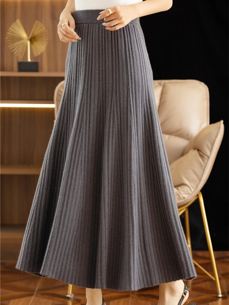 New Fashion Grace Women Wool Long Pleated Skirt Autumn Winter Office Lady Cashmere Skirt 100% Merino Wool Pupular Dress Tops