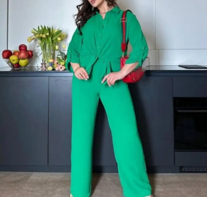 Elegante Set da due pezzi da donna Casual in tinta unita camicia a maniche lunghe con tasca allentata pantaloni a gamba dritta Set di pantaloni Casual da donna