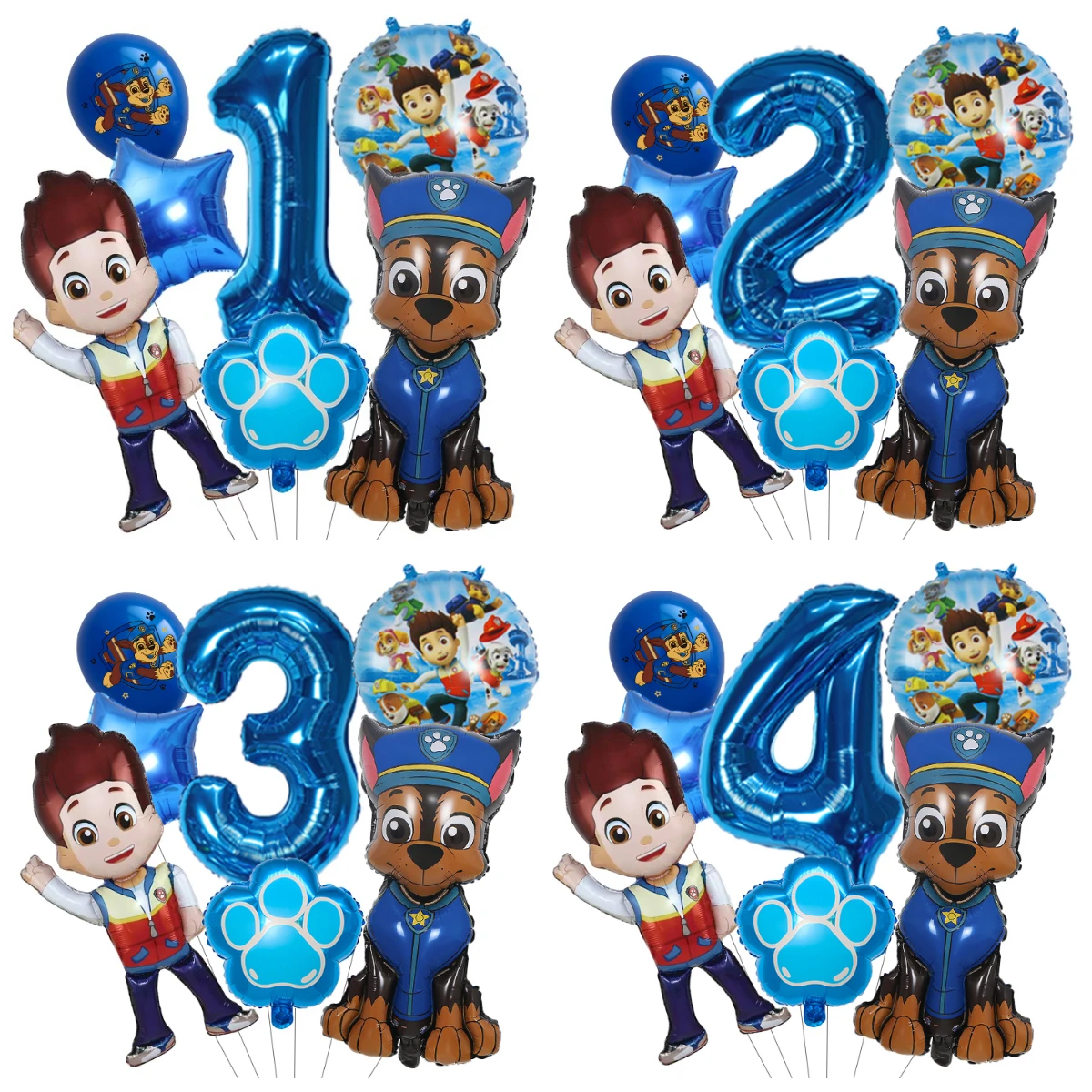 Set de Globos de Número de Patrulla Canina Ryder y Chase, Globos de Aluminio con Estrella Azul y Huella de Pata, Globos de Helio para Decoración de Fiesta de Cumpleaños