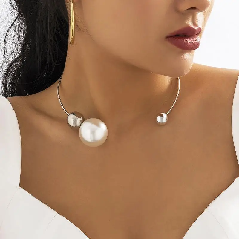Open Circle With CCB Imitation Pearl Ball Choker Necklace For Women Elegant Wedding Collar Torques Fashion Jewelry For Neck