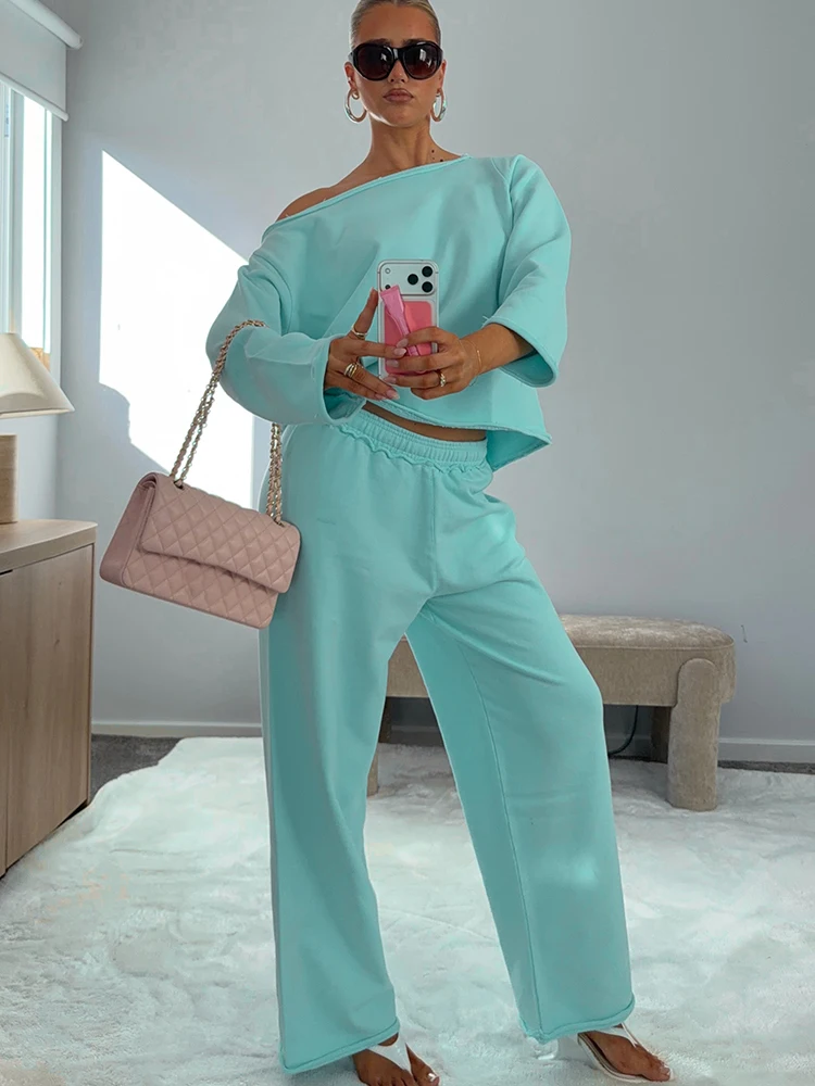 Nibber Simple 2 Piece Set Woman Skew Collar Off Shoulder Full Sleeve Crop Top+Elastic Waist Long Pant Casual Fashion Style Suit