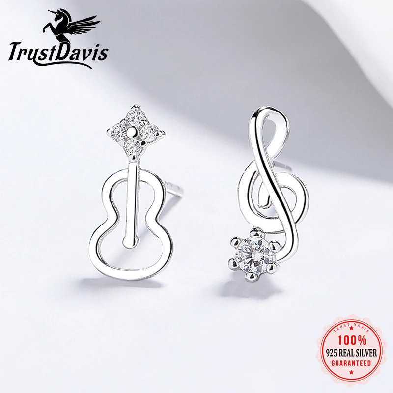 Trustdavis Real 925 Silver Fashion Simple Musical Note Guitar Stud Earrings for Women Daily Wear Jewelry Gift DS4786