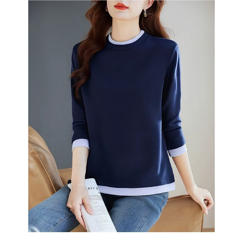 2025 Autumn and Winter New DeRong Women's T-Shirt Half Turtle Collar Splicing Fake Two-piece Women's Bottoming Warm Top