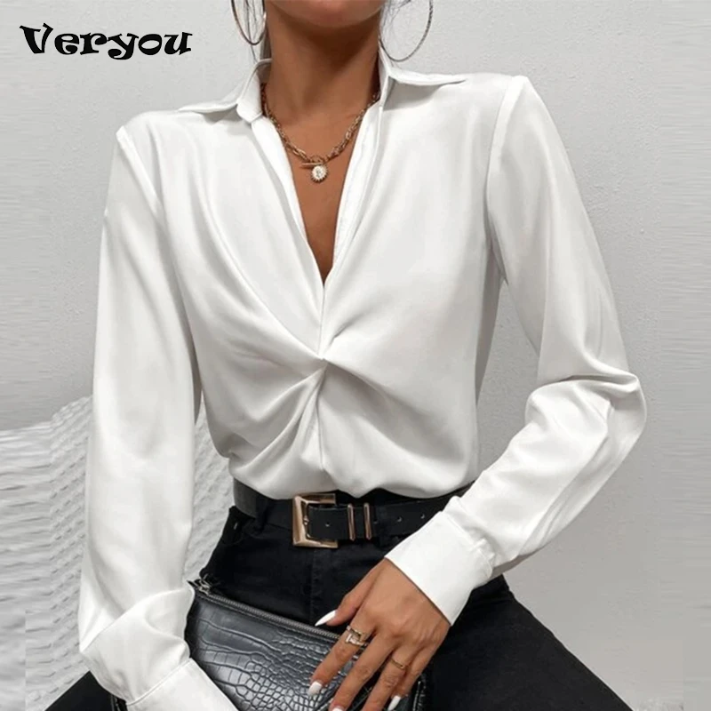 2023 New Autumn Lapel White Shirt Women Elegant Commuting Tops Fashion Casual V Neck Sexy Long Sleeve Blouses Blusas Top