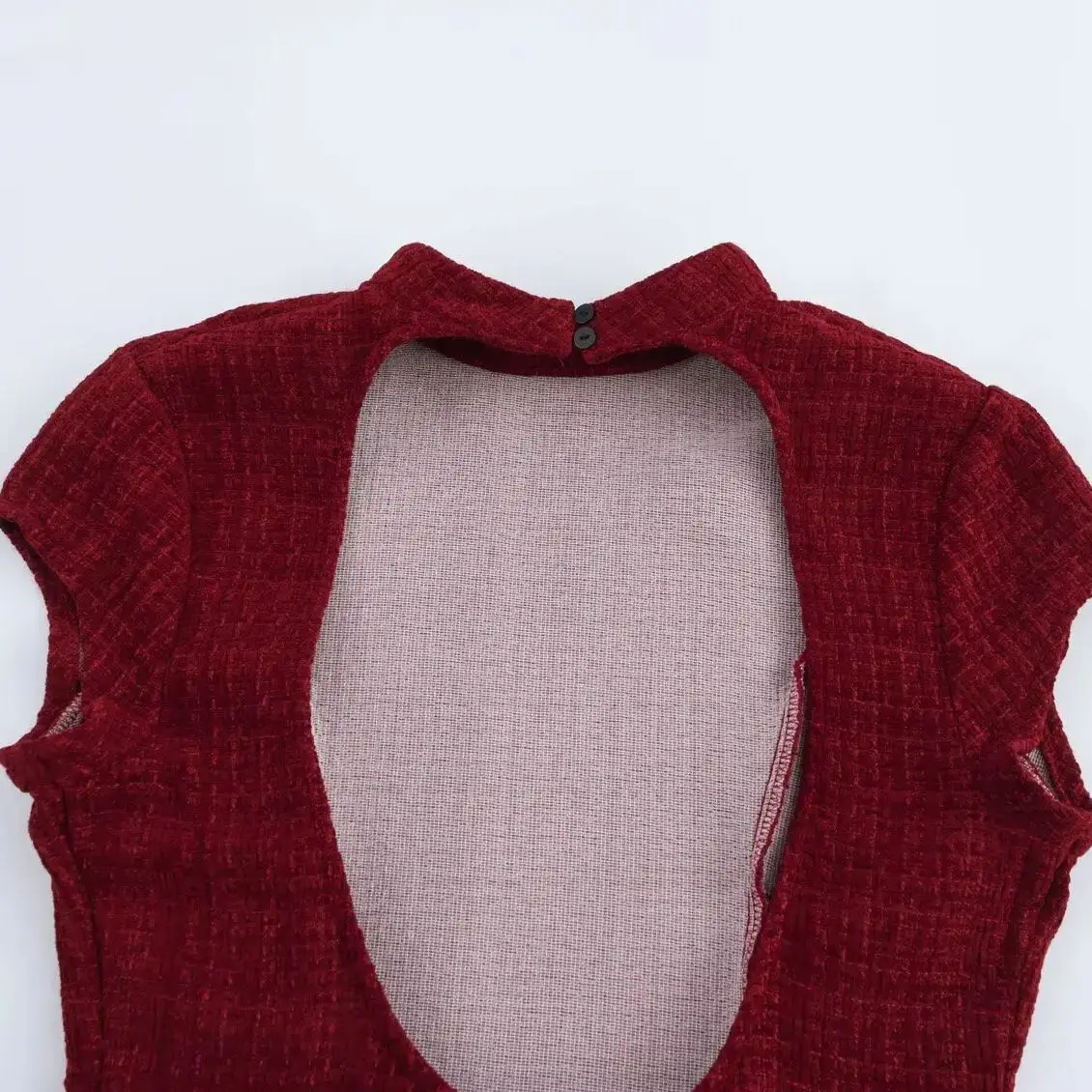 2025 Sexy Wine Red Tweed Short Sleeve Mini Dress Women Hollow Cut Out Back Backless Low Waist Ball Gown Swing Dresses Party Robe