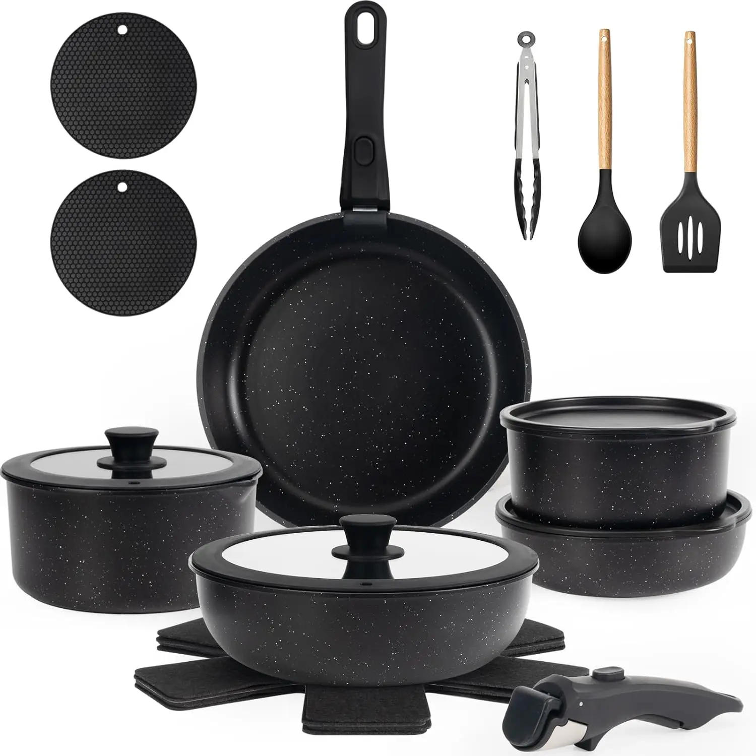 Empune 20 Pcs Pots And Pans Set Non Stick, Nonstick Cookware Set Detachable Handle, Non Toxic Induction Kitchen Cookware Sets