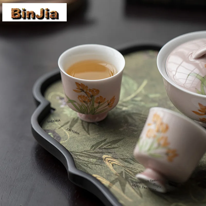 BAEJORIA 2pc/lot Hand Drawn Orange Blossom High-foot Teacup Zen Tea Bowl Mug Tea-tasting Fragrance Cup Chazhan Master Cups 35ml