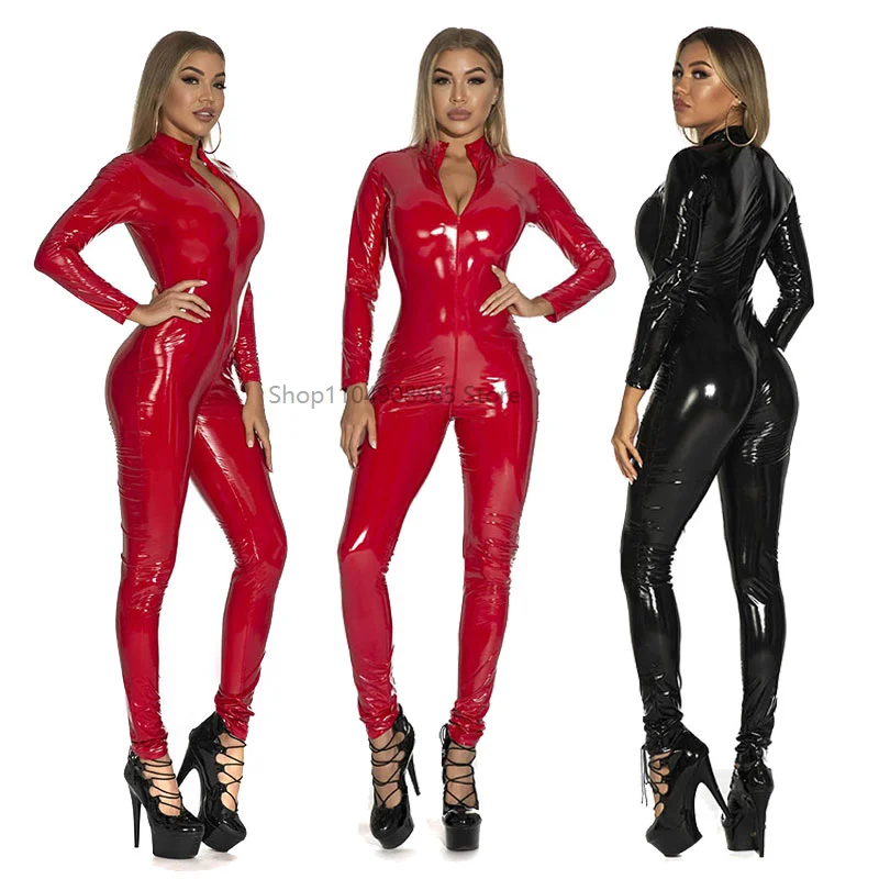 

Latex Suit lady Bright PVC Bodysuit Open Crotch Zipper Wetlook Fumpsuit Night Club Party Bar Dance Leather Catsuit Lingerie