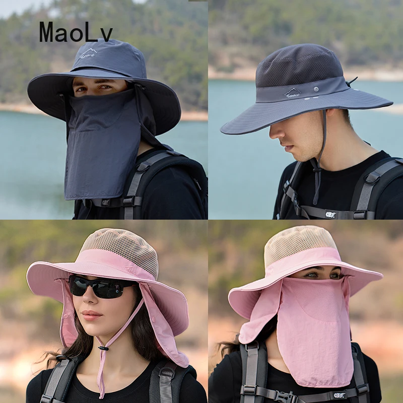 Summer Fishing Hiking Sun Protection Hats for Men Detachable Mask Shawl Large Brim Bucket Hat Solid Mesh Women Quick drying cap