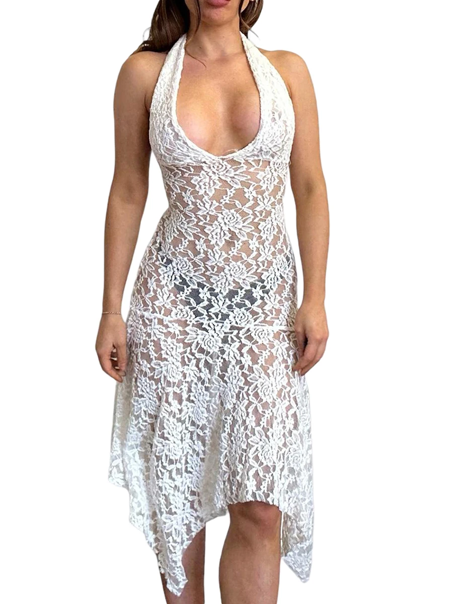 

Sexy See Through Lace Women Dress Khaki Spaghetti Strap Side Slit Mini Dress Femme Summer Skinny Hot Girl Party Clubwear