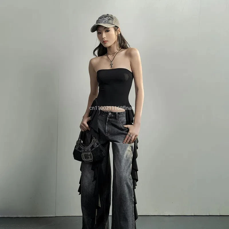 Street Dance Outfit, Sexy and Spicy Women's Clothing, Summer Ruffled Edge One Shoulder Wrapped Chest Street Casual Top