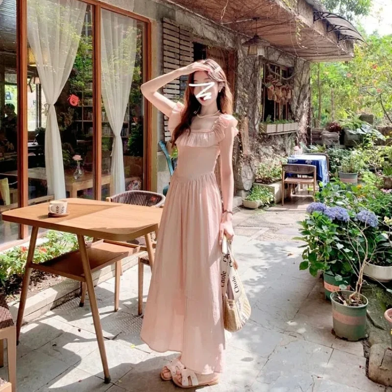 Summer Women\'s Elegant Korean Style Chic Sleeveless Office Dress Pink Square Neck Strap Party Sundress Casual Loose Robe Femme