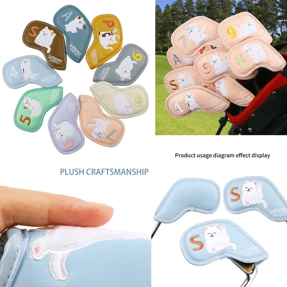 9pcs Cute Plush Cat Shape Golf Iron Head Cover,PU Waterproof Wear Resistant,Protecting The Club Head From Scratch