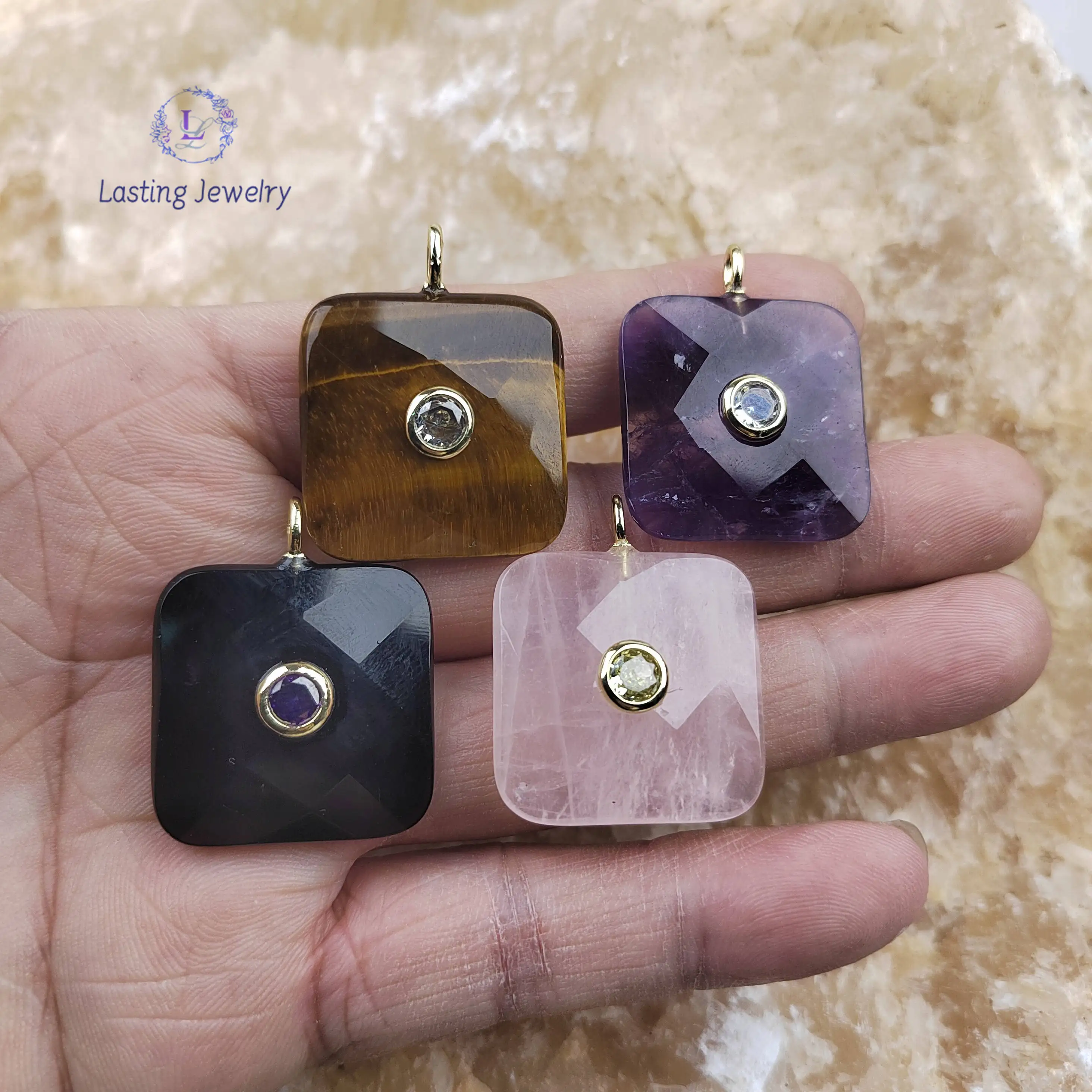 

Faceted Quartz Square Pendants With Inlaid Zircon Beads Amethyst Crystal Obsidian Gemstone Charms For Necklace Jewelry Making