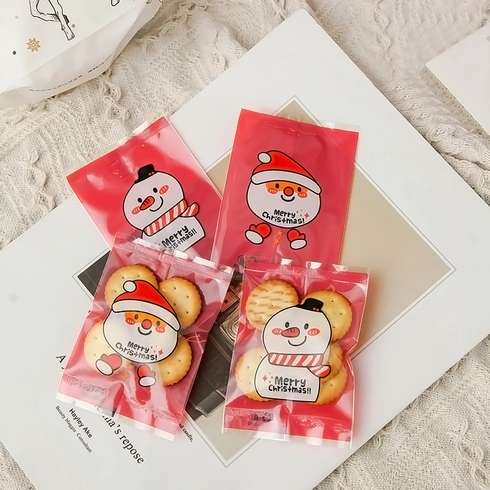 

100Pcs Heat Seal Christmas Candy Bags Gift Wrapping Biscuit Bags Festive Santa Snowman Design for Holiday Treats