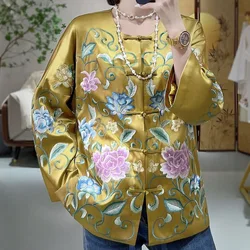 High-end Acetate Women Autumn Jacket Top Embroidery Tang Suit Elegant Lady Loose Coat Female S-XXL