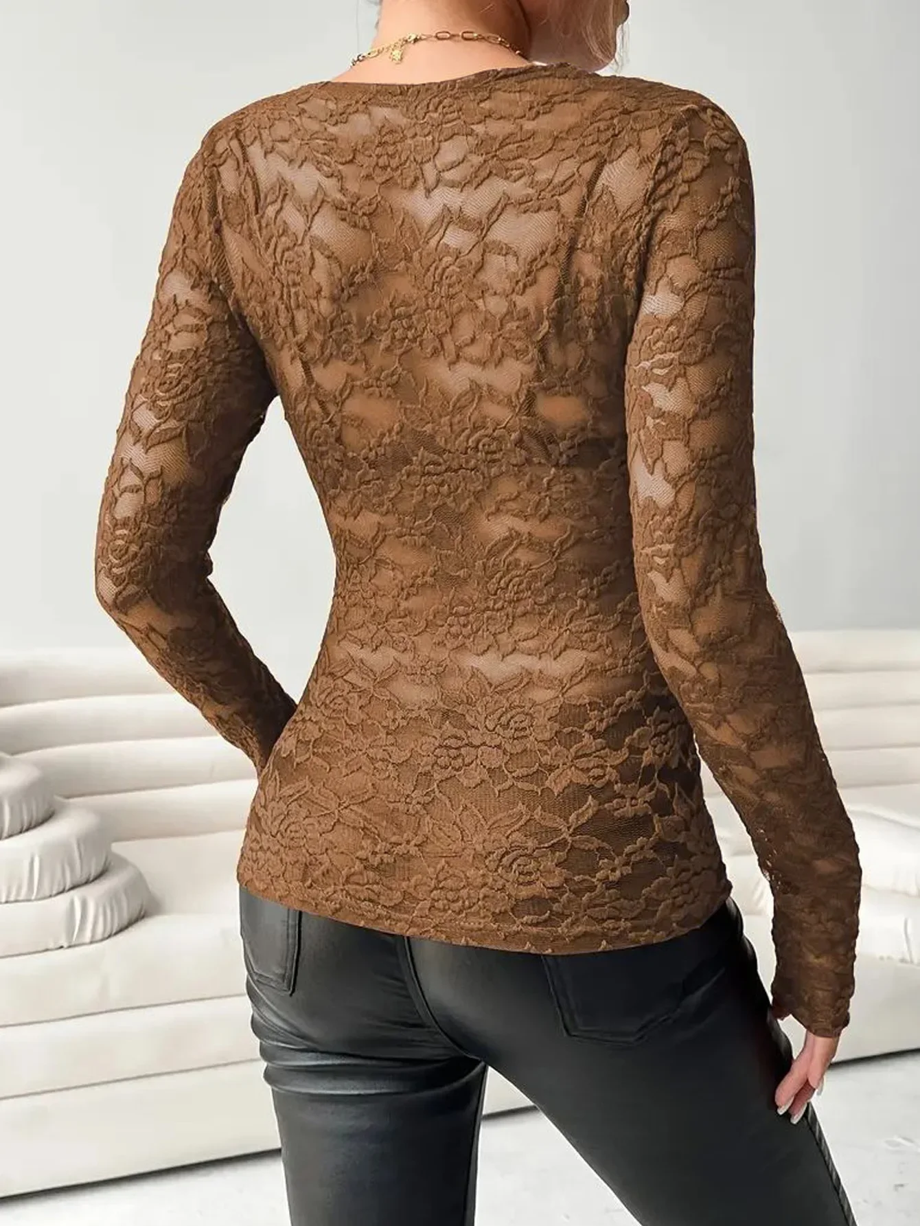 Damen Spitzen-Jumpsuit mit V-Ausschnitt, Langen Ärmeln, Transparentem Netzstoff und Blumenmuster, Figurbetonter Durchsichtiger Einteiler für Party, Clubwear und Alltag – Detail 11