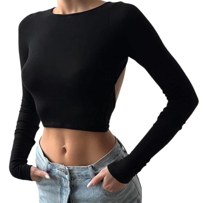 Women Fashion Long Sleeve Backless Going Out Basic Crop Top Cut Out Twist Back Solid Color Slim Fit T-Shirt Blouse