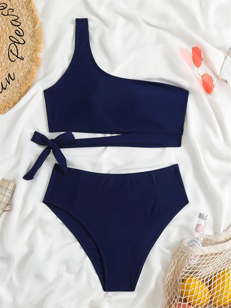 Bikini Women Swimsuit 2023 New Solid One Shoulder Bikinis Set Sexy Swimwear High Waist Two Piece Beach Wear Bathing Suit Female