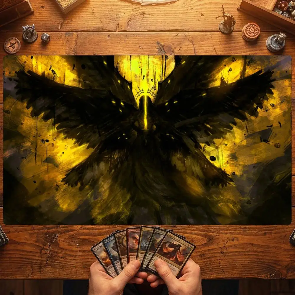 Black Gold Feather Wing Mouse Pad Card Playmat Stitched with Magic Zones Tabletop for MTG/TCG Card Battle Commander Gaming Mat